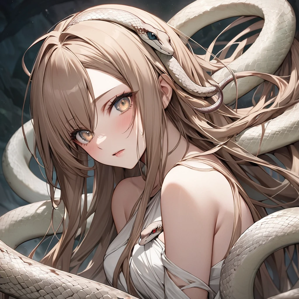 ((Highest quality)), ((masterpiece)), (detailed), （Perfect Face）、The female Medusa, an ancient Greek monster, is Yuuki Asuna, with light brown, semi-long hair, reptilian eyes, and vertically long pupils.、The woman is Medusa, a demon in Greek mythology whose hair is made up of snakes. Her hair is made up of many tiny snakes, all of which end in snakes.、The woman has snakes wrapped around her body.、All the woman&#39;s hair is snakes