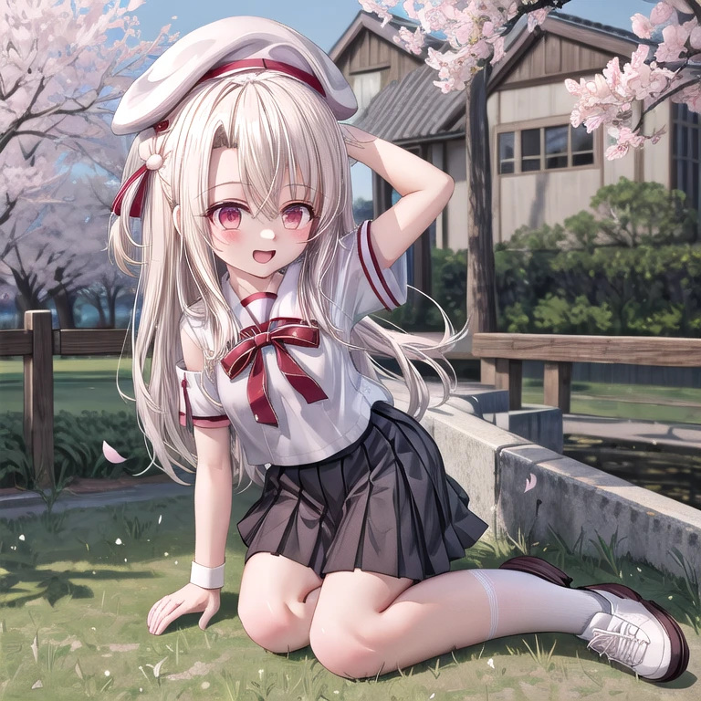 masterpiece, best quality, highres, aaillya, long hair, beret, white headwear, medium breasts, school uniform, neck ribbon, white shirt, collared shirt, short sleeves, oversize sleeve, loose shirt, armpit, see armpit via sleeve, black skirt, cherry blossoms, arms behind back, outdoors, smile, open mouth, leaning forward, full body view, sitting with knees raised, bottomless, showing pussy, skirt lift, cameltoe,