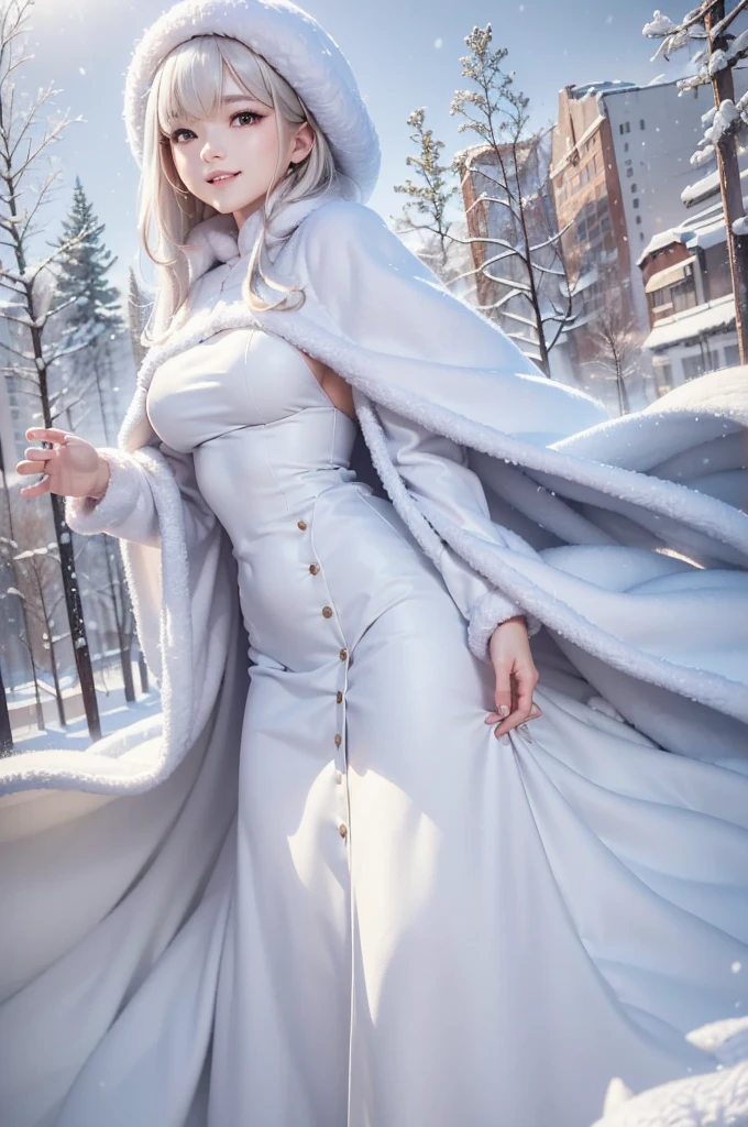 masterpiece、Highest quality、1 girl, winter, platinum blonde hair, Cute girl, smile, close mouse, medium breasts, sideboob:1.2, white dress, winter clothes, long skirt, Fur coat、Small waist、Thin legs、outdoors, front of the lake, snow falling, Prayer Pose, join hands, from backside:1.5