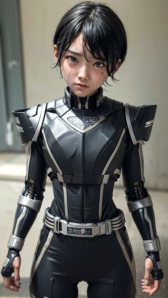 Highest quality　8k Cyborg Suit Girl　Heavy Armor　　Elementary school girl　Sweaty face　cute　Boyish short hair　Very short hair　Steam coming out of my head　My hair is wet with sweat　Black Hair　Broken and unable to move　　Lying down　Soaked Face　My crotch is wet