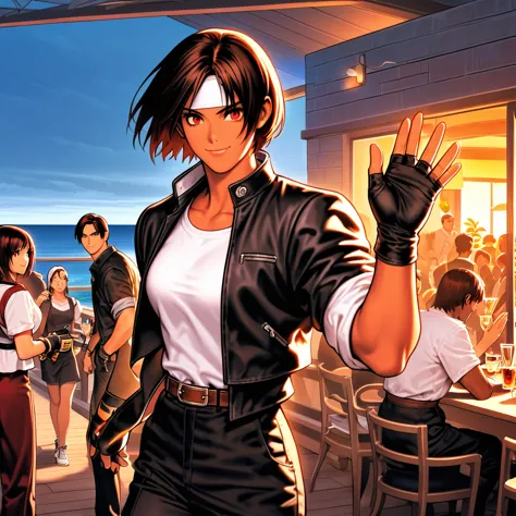 one person,woman,short hair,dark skin,red eyes,（black jacket with sleeves rolled up）,fingerless gloves,white t-shirt, （white hea...