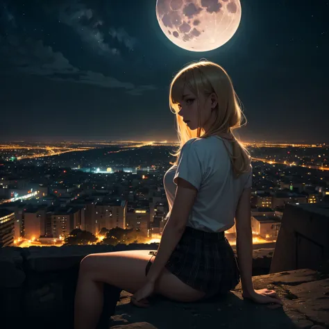 arafed blond girl in miniskirt stay on top of a hill and looks at the lights of a city and a big moon rises in the background. c...