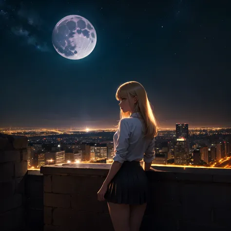 arafed blond girl in miniskirt stay on top of a hill and looks at the lights of a city and a big moon rises in the background. c...