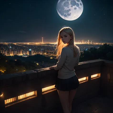 arafed blond girl in miniskirt stay on top of a hill and looks at the lights of a city and a big moon rises in the background. c...