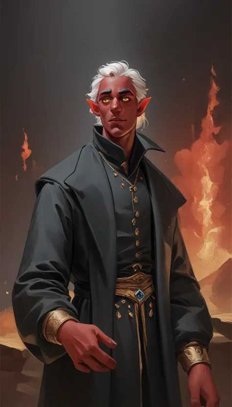 a strong, red-skinned tiefling male，small corner，white hair，yellow eyes，3/4. body，a volcano in the background，mage outfit，black ...