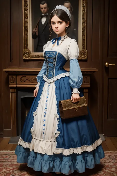 there is a young girl in a blue and white dress holding a purse, victorian style costume, victorian blue dress, victorian dress,...