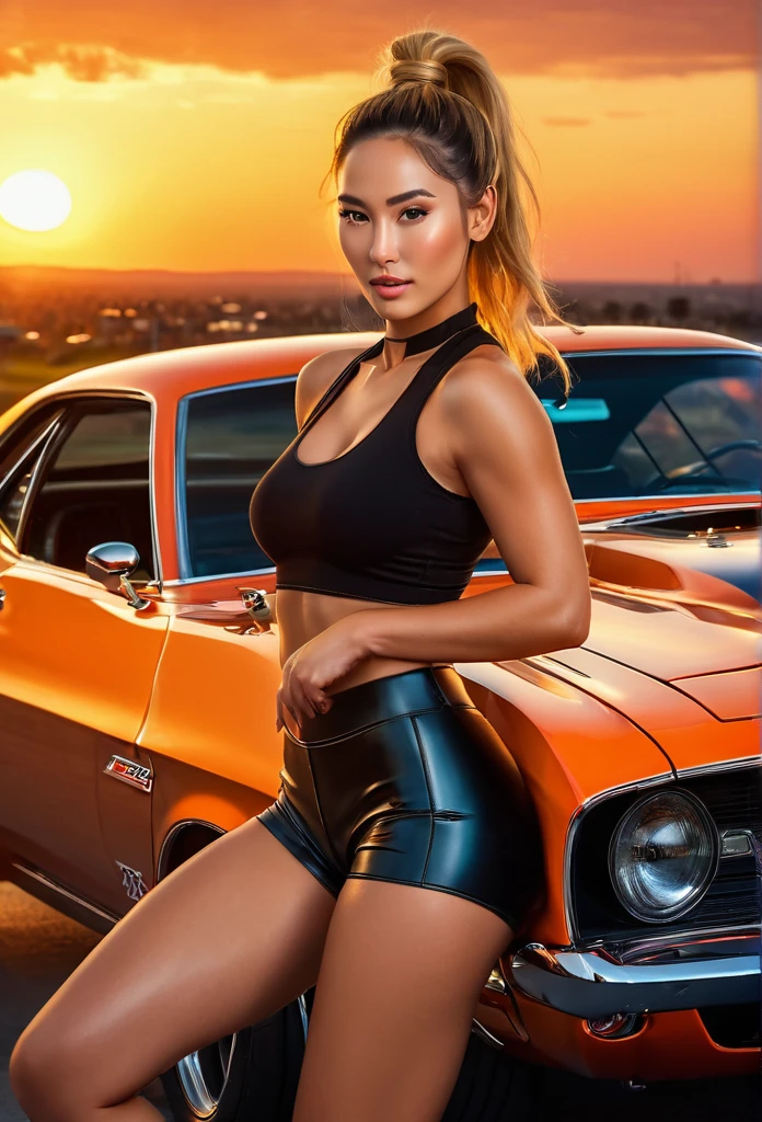 (Christina Chong beautiful face, narrowed eyes. smirk. black braided hair,) wearing (tight, fitted, snug) high cut latex booty shorts and cropped shirts stands between two (powerful, sleek) sitting on hood of Muscle Cars to start a race, engine roaring, in the backdrop of a vibrant Sunset. (Best quality, 4k, highres, masterpiece:1.2), ultra-detailed, (realistic, photorealistic, photo-realistic:1.37) prompt, with (HDR, UHD) quality and (studio lighting, sharp focus), high ponytail, copper-blonde hair, large breasts, bright light, perfect eyes, skin blemish, detailed skin, full person, blacklight makeup,ambr1
