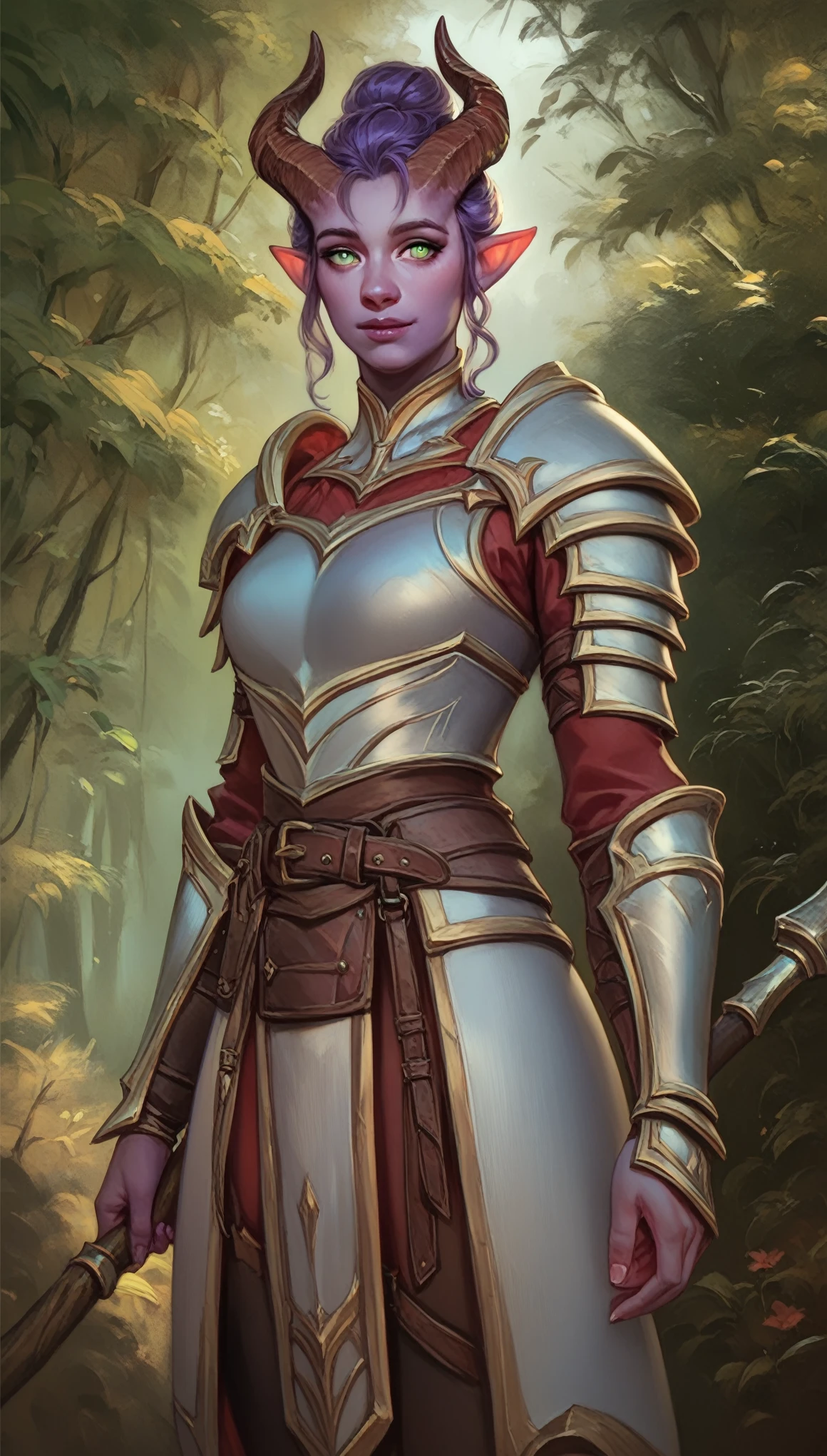 A fat purple-skinned tiefling female，robust，Tall and mighty，Brown horns，Purple hair，Hair Bun，Frontal image，Green eyes，3/4. Body，Behind it is a wood，Warrior Outfit，Red and white armor