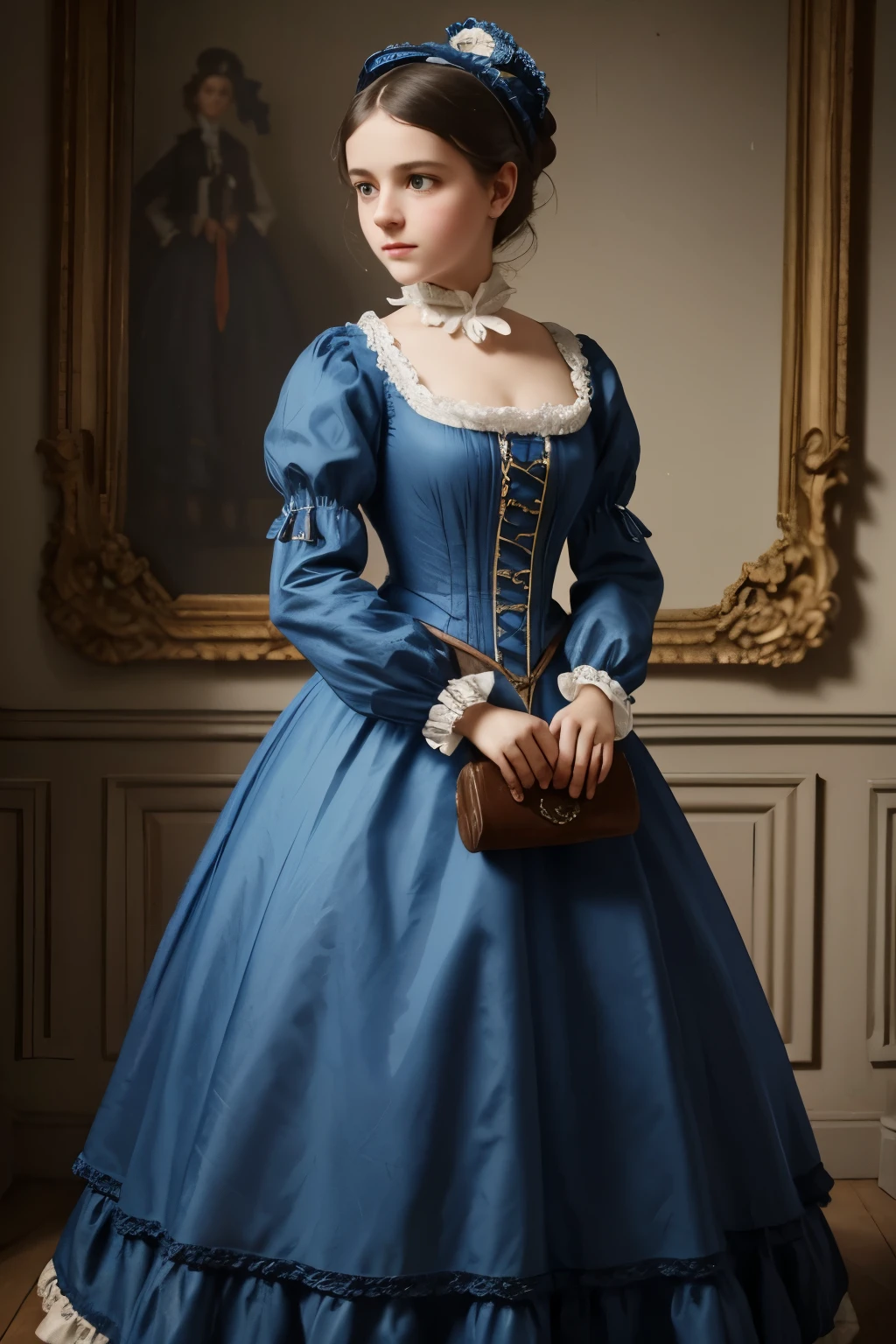 there is a young girl in a blue and white dress holding a purse, victorian style costume, victorian blue dress, victorian dress, dress in the style of rococo, historical baroque dress, victorian inspired clothing, rococo dress, wearing 1860s era clothes, wearing victorian clothes, wearing 1 8 5 0 s era clothes