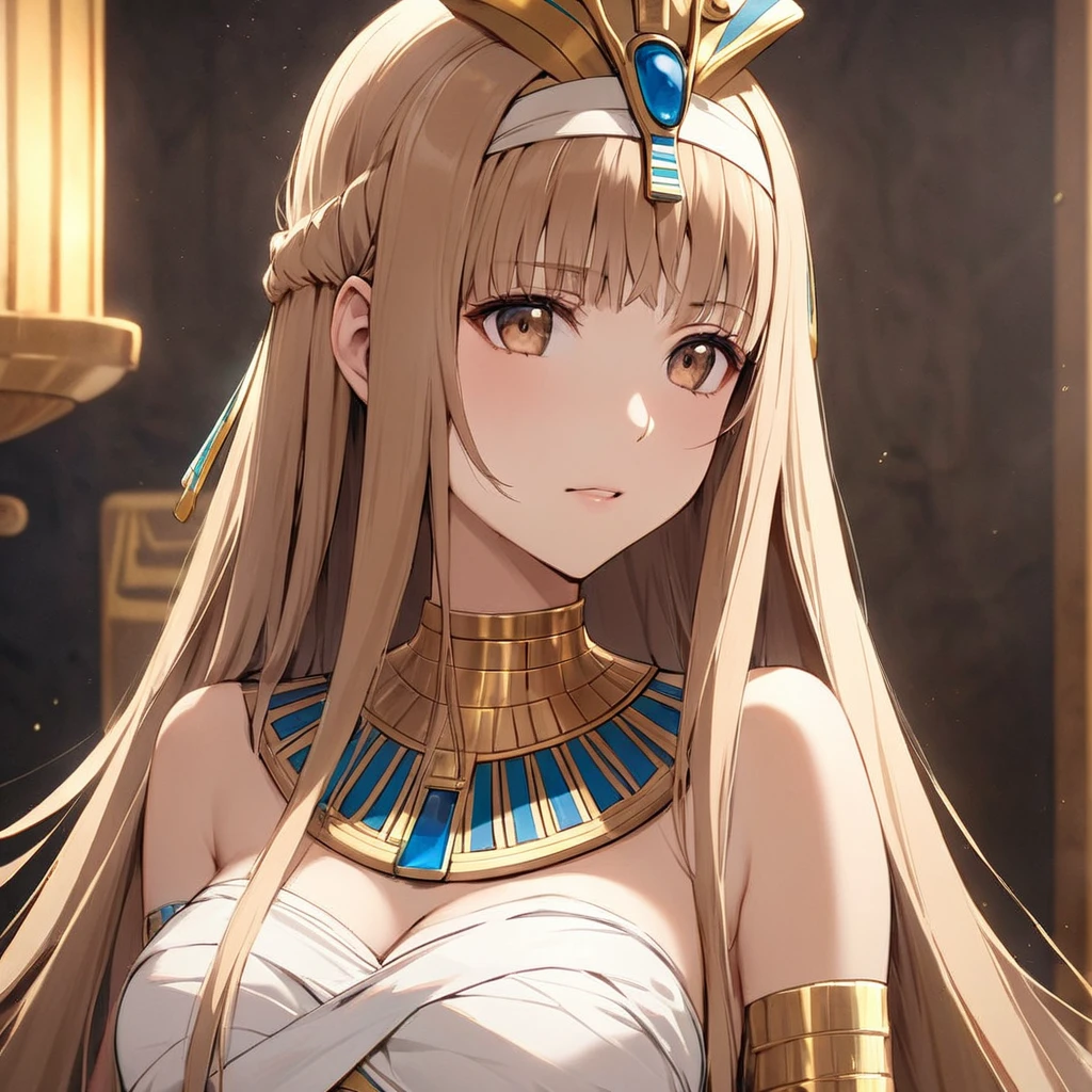 ((Highest quality)), ((masterpiece)), (detailed), （Perfect Face）、The woman who is Tutankhamun of ancient Egypt is Yuuki Asuna, with light brown, medium-long hair, wearing a Tutankhamun hat and Cleopatra-like clothing.、The woman is dressed as Tutankhamun, an ancient Egyptian.