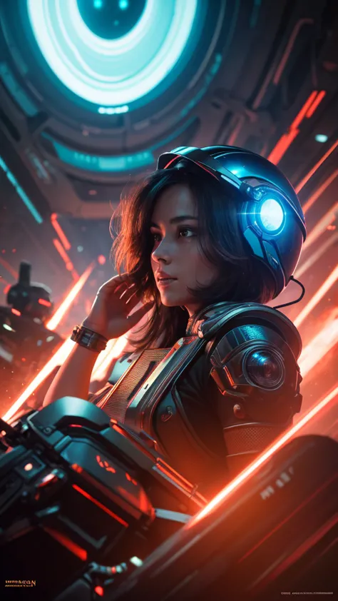 a woman wearing a helmet, hyperdetailed, cinematic, atomwave sci-fi style, majestic lighting, pioneering aesthetics, spellcaster...