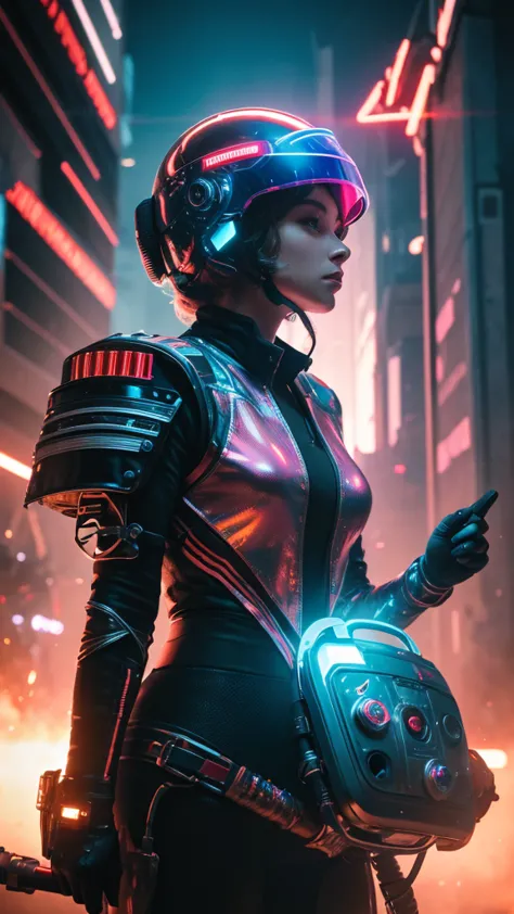 a woman wearing a helmet, hyperdetailed, cinematic, atomwave sci-fi style, majestic lighting, pioneering aesthetics, spellcaster...