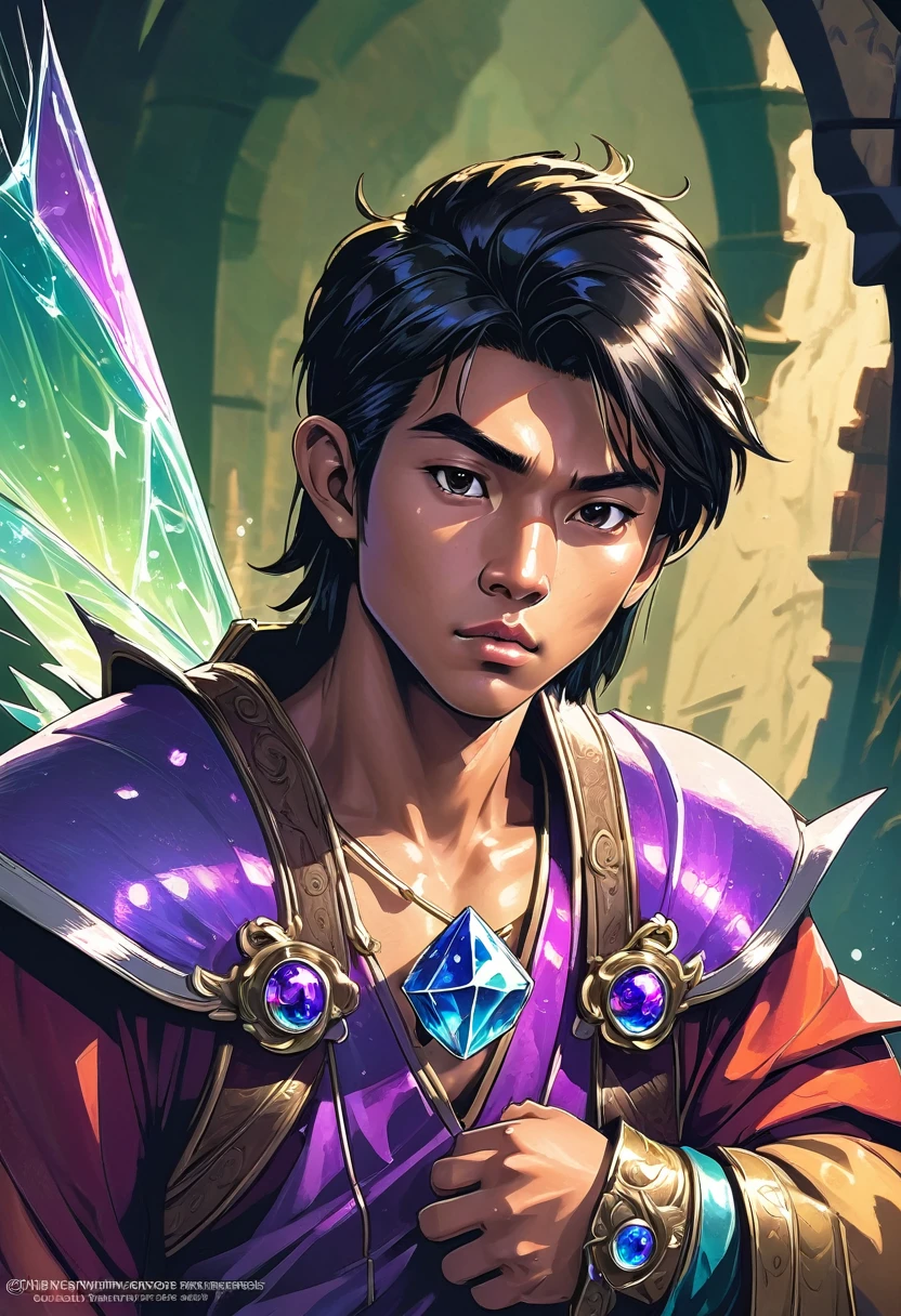 a 27 year old asian malay chinese male, tanned skin, slightly chubby, cute and charming expression, fantasy world, dungeons and dragons, slightly confused look on face, looking at crystal shards, high quality, masterpiece, studio lighting, vivid colors, concept art, digital painting