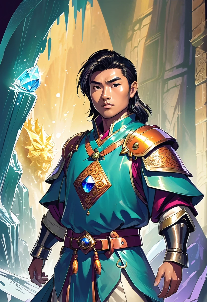 a 27 year old asian malay chinese male, tanned skin, slightly chubby, cute and charming expression, fantasy world, dungeons and dragons, slightly confused look on face, looking at crystal shards, high quality, masterpiece, studio lighting, vivid colors, concept art, digital painting