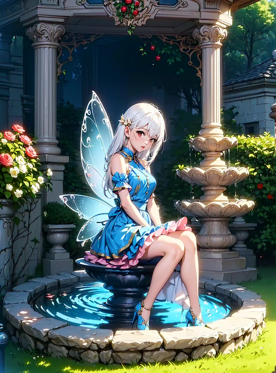 ((1girl, solo, alone, Ninym, white hair, red eyes, hair ornament, small breasts, long hair, fitness)), ((solo, (1woman, pink lipstick), Extremely detailed, ambient soft lighting, 4k, perfect eyes, a perfect face, perfect lighting, a 1girl)), ((blue dress, dress with frill, fountain, (blue high heels), water, fairy, fairy wings, garden, grass, flora, graceful columns, bandstand, argustos, trees))