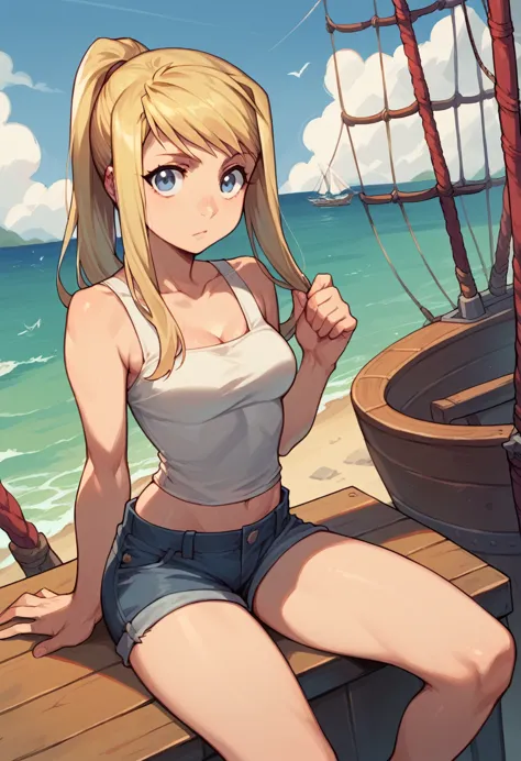 1girl, winry rockbell, wearing a tank top(tight fitting, white colour), denim short pant, ponytail, late middle age, looking at ...