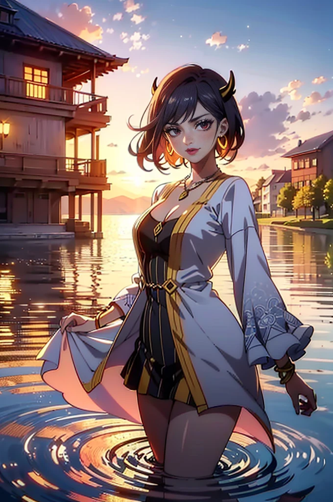 ((1girl, solo ,alone, Nero, Secre Swallowtail, illustration, (anime style, masterpiece, best quality), intricate details, 1girl, alone, Nero, black hair, short hair, red eyes, horns, black dress, black bulls, elegant delicate, reflection, shine, sophisticated, anime, manga, looking at the viewer, feathers)), ((solo, 1woman, pink lipstick, Extremely detailed, ambient soft lighting, 4k, perfect eyes, a perfect face, perfect lighting, a 1girl)), austere, ((white dress, black dress, puffy dress, short dress, long sleeve dress, dress with gold ornament, dress with gold details, on the lake, sunset, houses in the background, water, trees, fine jewelry, bracelets, amethyst necklace, hoop earrings))