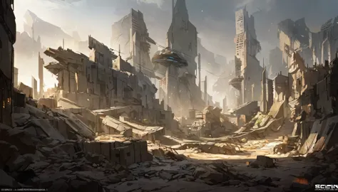 a scenery of a ruined city, sci-fi