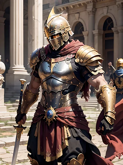 a roman gladiator, wearing golden armor, helmet, and a sword