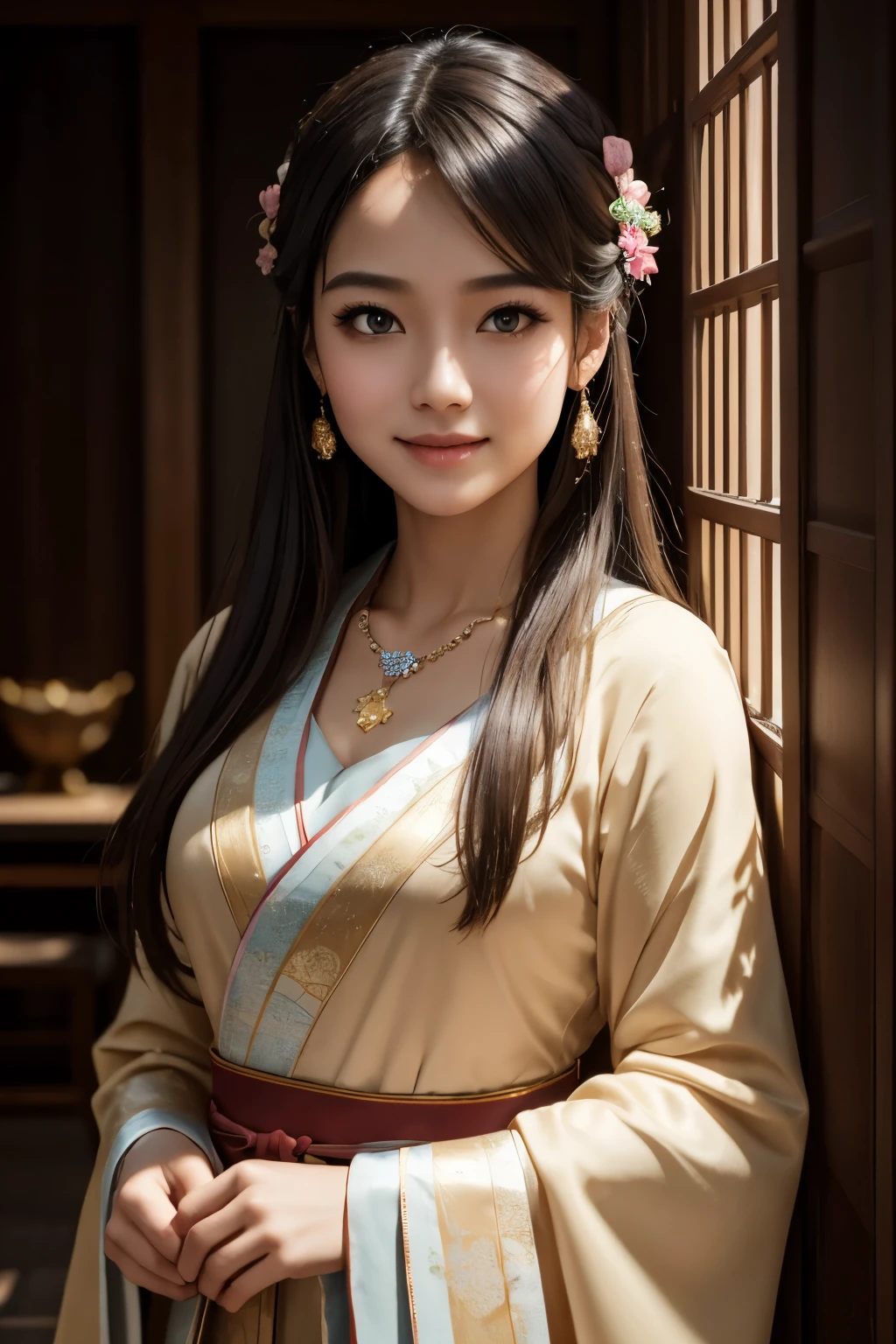 Superb Quality, Masterpiece, High Resolution, 1Girl, Blush, (Seductive Smile: 0.8), Star Pupil, Chinese Hanfu, Hair Accessories, Necklace, Jewelry, Beauty, on_body, Tyndall Effect, Realistic, Shadow Room, Light Edge, Two-tone Lighting, (High Detail Skin: 1.2), 8K UHD, SLR, Soft Light, High Quality, Volume Lighting, Candid Photo, High Resolution, 4K, 8K, Background Blur, Real Person