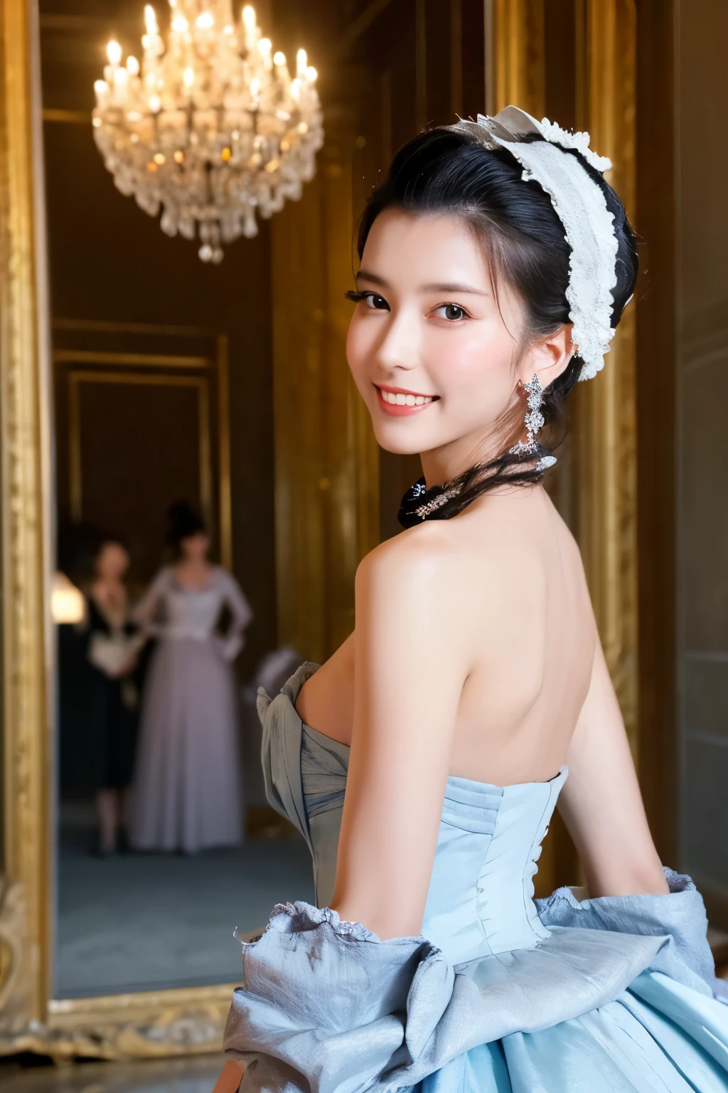 One Girl, (Becoming Marie Antoinette:1.3), (Gorgeous Princess Dresses), (Beautiful Japanese idol portrait photos), 
(RAW Photos, Highest quality), (Realistic, Realistic:1.4), masterpiece, 8K Portrait, 
Very delicate and beautiful, Very detailed, 2k wallpaper, wonderful, In detail, Very detailed CG unity 8k wallpaper, Very detailedな, High resolution, Soft Light, 
Beautiful detailed girl, Very detailed eyes and face, Beautiful and sophisticated nose, Beautiful details, 
(Photo taken in the Hall of Mirrors at the Palace of Versailles:1.3), Cinema Lighting, 
Perfect Anatomy, Slender body, Small breasts, Medium Hair, Dynamic Angle, A light smile, (full body), (Beautiful woman looking back)