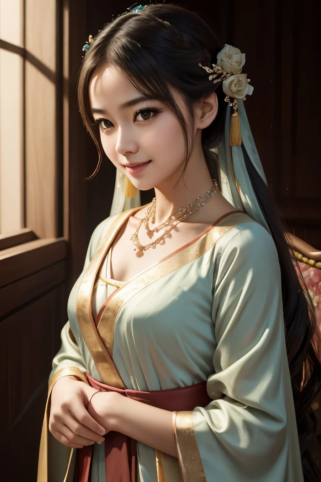 Superb Quality, Masterpiece, High Resolution, 1Girl, Blush, (Seductive Smile: 0.8), Star Pupil, Chinese Hanfu, Hair Accessories, Necklace, Jewelry, Beauty, on_body, Tyndall Effect, Realistic, Shadow Room, Light Edge, Two-tone Lighting, (High Detail Skin: 1.2), 8K UHD, SLR, Soft Light, High Quality, Volume Lighting, Candid Photo, High Resolution, 4K, 8K, Background Blur, Real Person