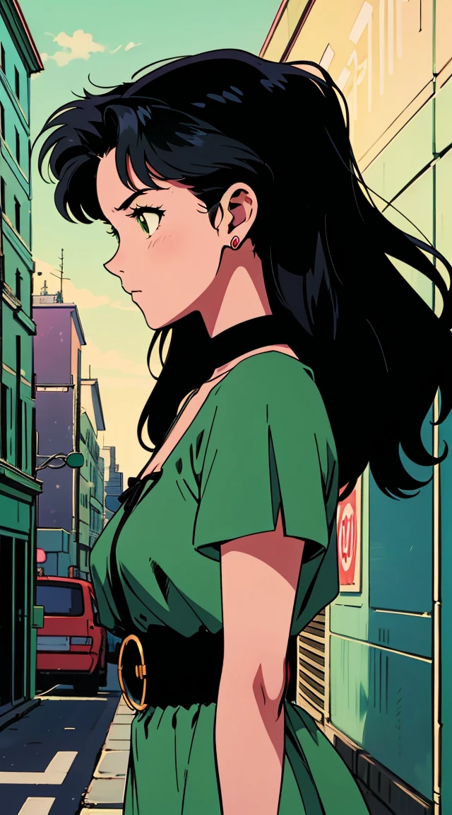 Highest image quality, 90s style anime, 24 year old black girl, Misato Katsuragi Style, with black skin, side profile view, black curly hair, Light green eyes, with a dress, 90s fashion, busy street, 90s street 