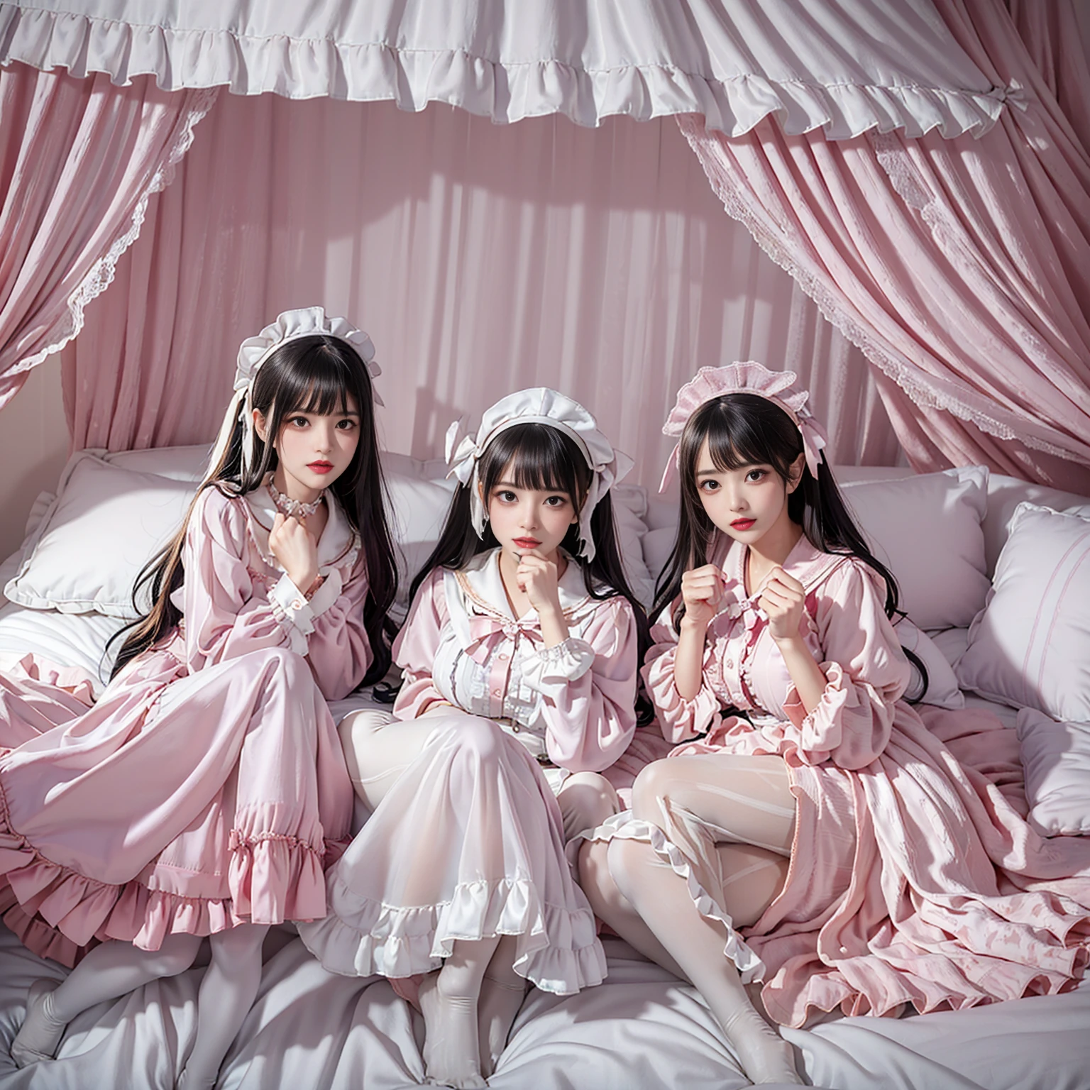 8k resolution, Surreal, Very detailed, high quality, Perfect Anatomy, Perfect Proportions, 
((((((A Group photo in bed room at midnight, Satin luxury bed, Three Girls, Group photo)))))), 
(((((purple, Wear a black face mask, jirai fashion, Sailor collar, lingersuit(Ringer Suit), race, Micro Mini Skirt, ribbon))))), 
((Grin, Happy, Detailed face)), Standing in line, 
((((Bleached hair))))+, (Super big breasts),  
(((Oiled skin detail, Detailed skin))), 
(((Thin black see-through tights))), View your viewers,
pink canopy bed,Ruffled Curtains,Pink ruffled pillow,Black ruffled pillow,Red pillow with hearts, Very soft bed,Soft ruffled devet,Soft pillow,Pink balloons,black balloon,Feeding Bottle,