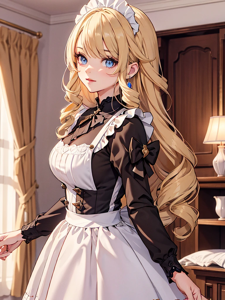 (Navia), 1girl, as a maid, wearing a maid outfit, at a home, blonde hair, 8k, high detailed, high quality