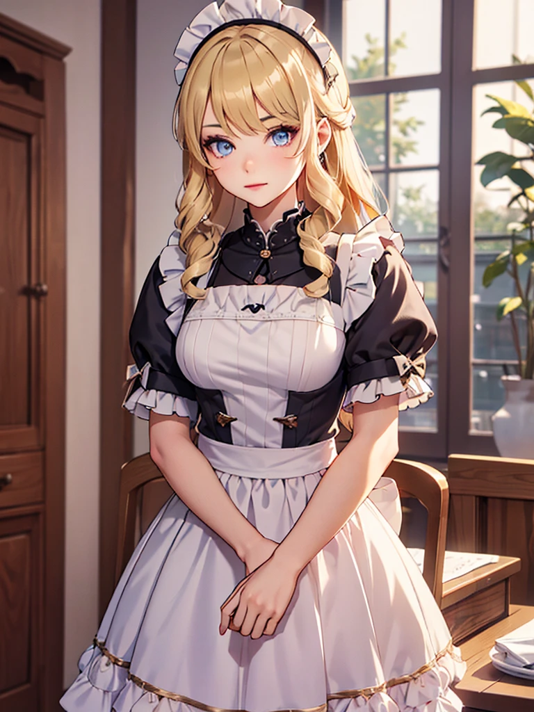 (Navia), 1girl, as a maid, wearing a maid outfit, at a home, blonde hair, 8k, high detailed, high quality