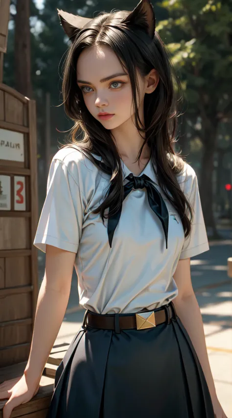 very young slim fit girl, pioneer neckerchief, very short blue skirt, bangs, collarbone, tight white shirt, bursting breast, sho...