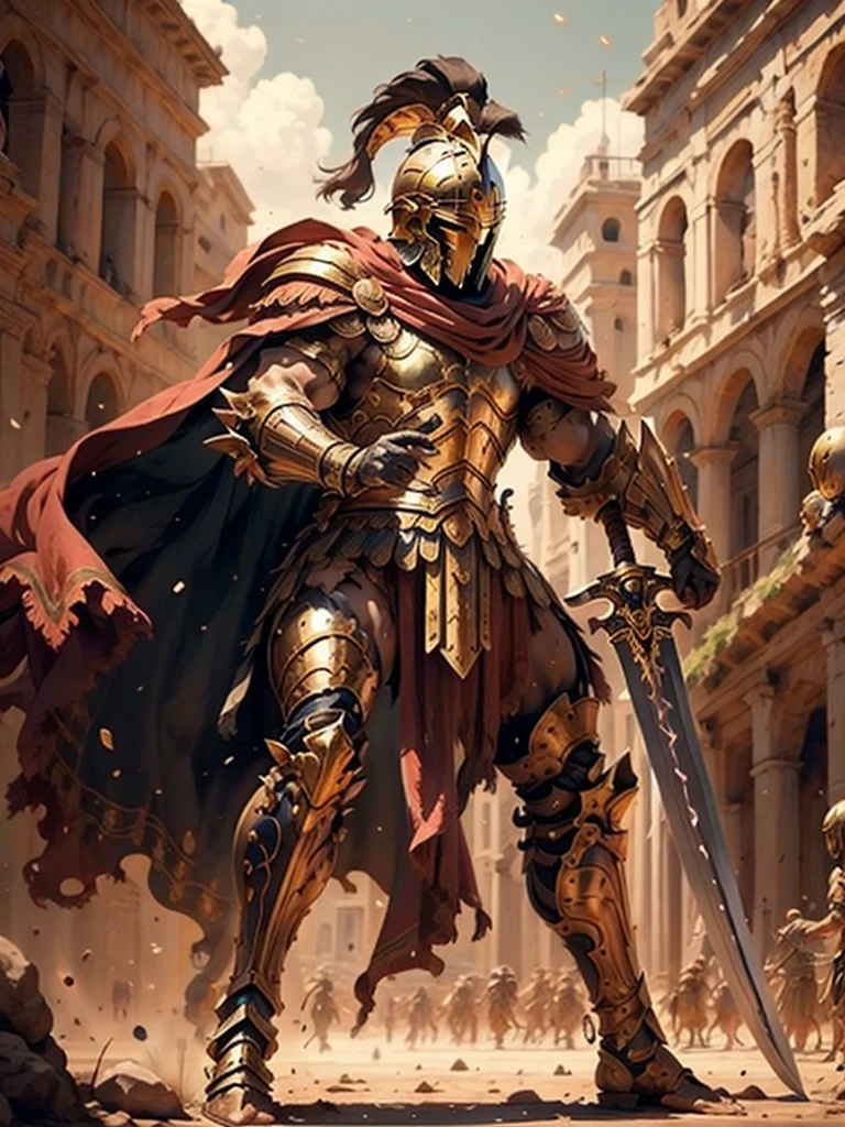 a Roman gladiator, wearing golden armor, helmet, and a sword