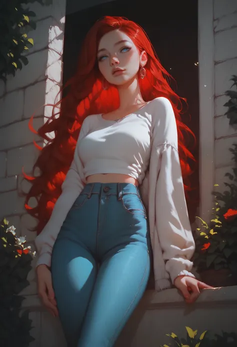 (score_9, score_8_up, score_7_up, score_6_up, score_5_up, score_4_up), 1girl, red hair, long hair, blue eyes, top, jeans, npg