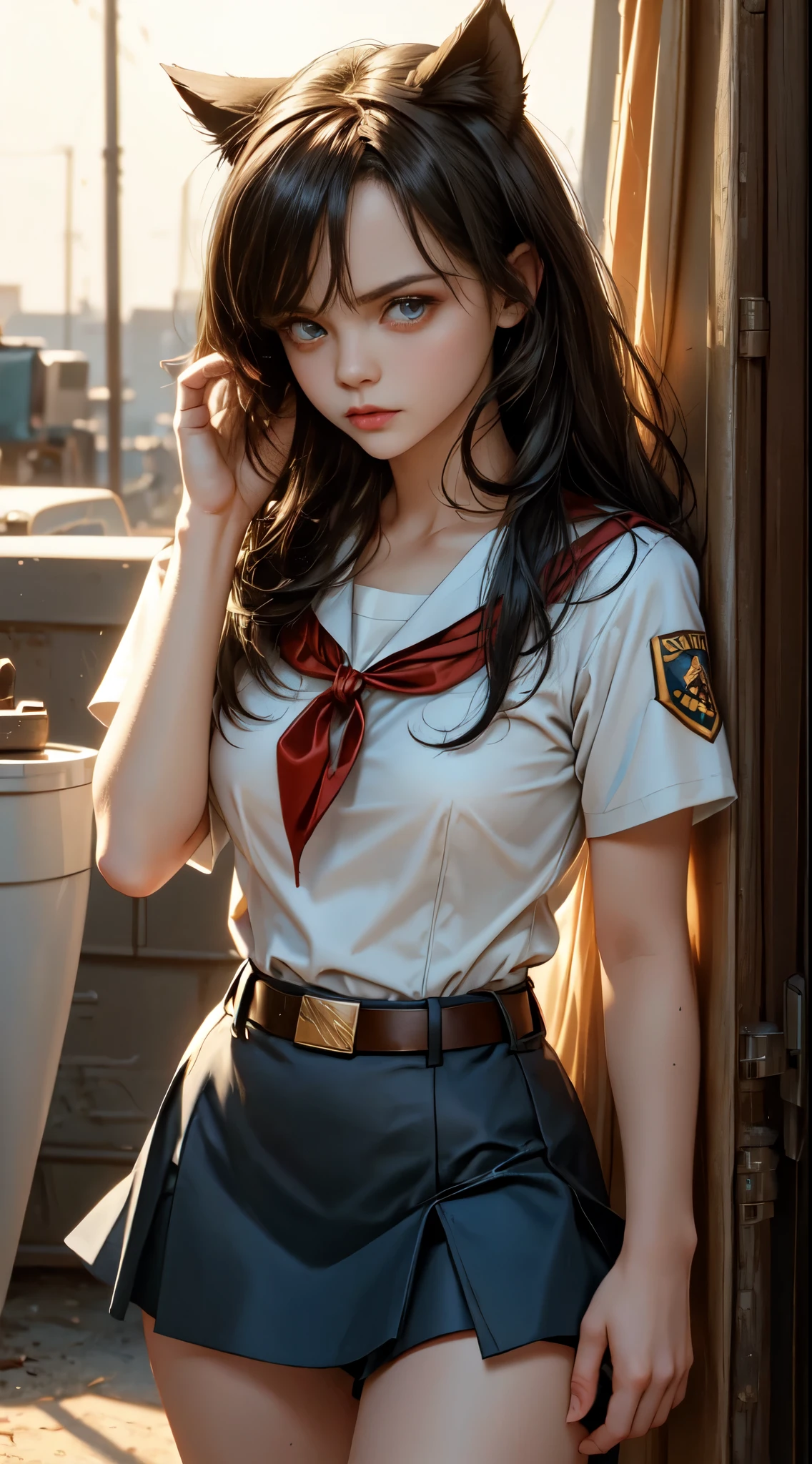 very young slim fit girl, pioneer neckerchief, very short blue skirt, bangs, collarbone, tight white shirt, bursting breast, short sleeves, collared shirt, belt, red neckerchief, full height, rounded face, very long straight hair, big brown eyes, evil smile, perfect flat breast, band on head with fake cat ears, chri5tinaricci9899, realrussian, seductive pose, looking at viewer, 8k vector photography, young teen, beautiful eyes, realistic lighting, detailed outfit, realistic facial features, hyper detail, masterpiece