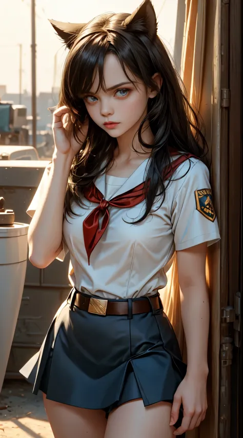 very young slim fit girl, pioneer neckerchief, very short blue skirt, bangs, collarbone, tight white shirt, bursting breast, sho...