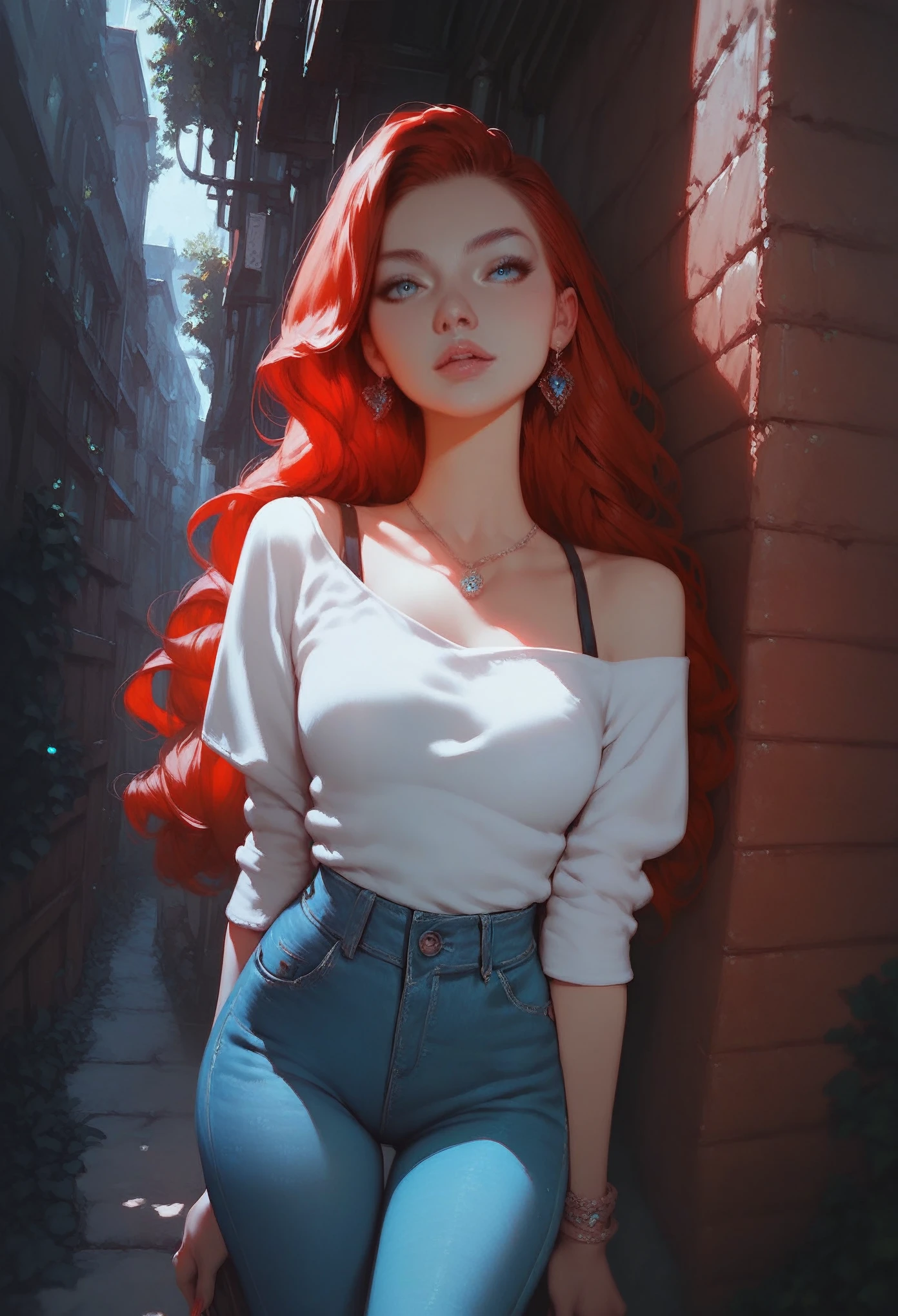 (score_9, score_8_up, score_7_up, score_6_up, score_5_up, score_4_up), 1girl, red hair, long hair, blue eyes, top, jeans, NPG