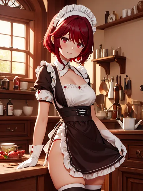 (rosaria), 1girl, as a maid, wearing a maid outfit, at a home, dark red colour short hair, 8k, high detailed, high quality