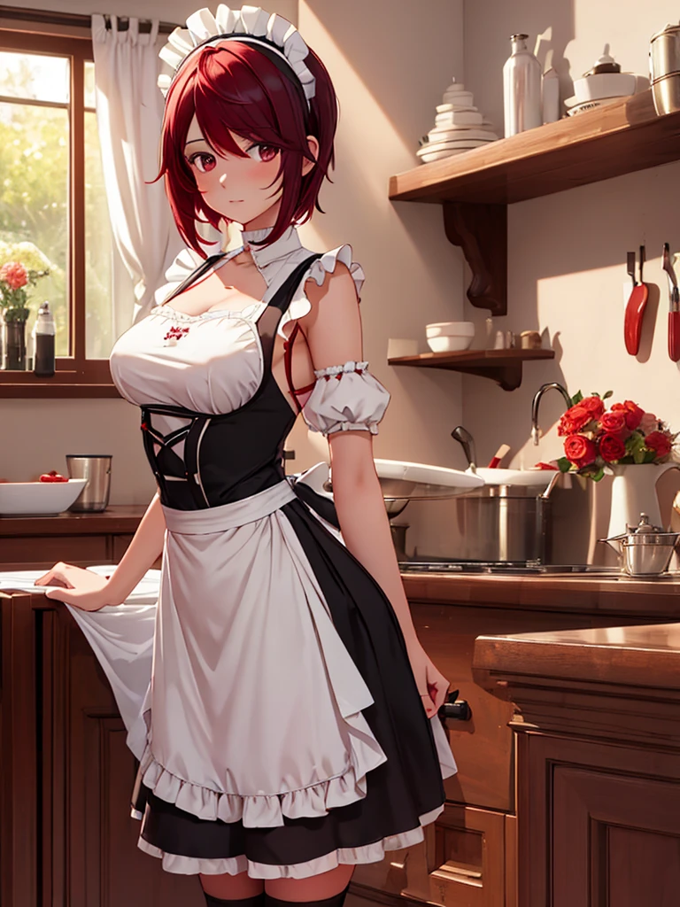 (Rosaria), 1girl, as a maid, wearing a maid outfit, at a home, dark red colour short hair, 8k, high detailed, high quality