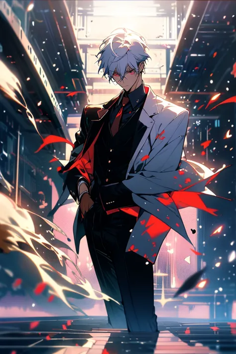 chico, alone, standing, intimidating pose, whole body, a photo of a man in his twenties, shiny black suit, white hair, red eyes,...