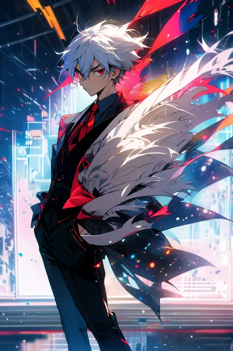 chico, alone, standing, intimidating pose, whole body, a photo of a man in his twenties, shiny black suit, white hair, red eyes,...