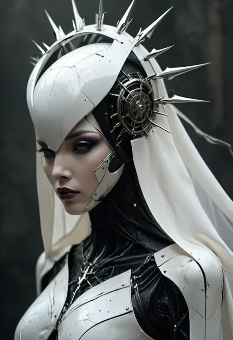 front view of a dark priestess holy cyborg necromancer girl wearing a white veil with a tiara and spiky crown on her head, symme...