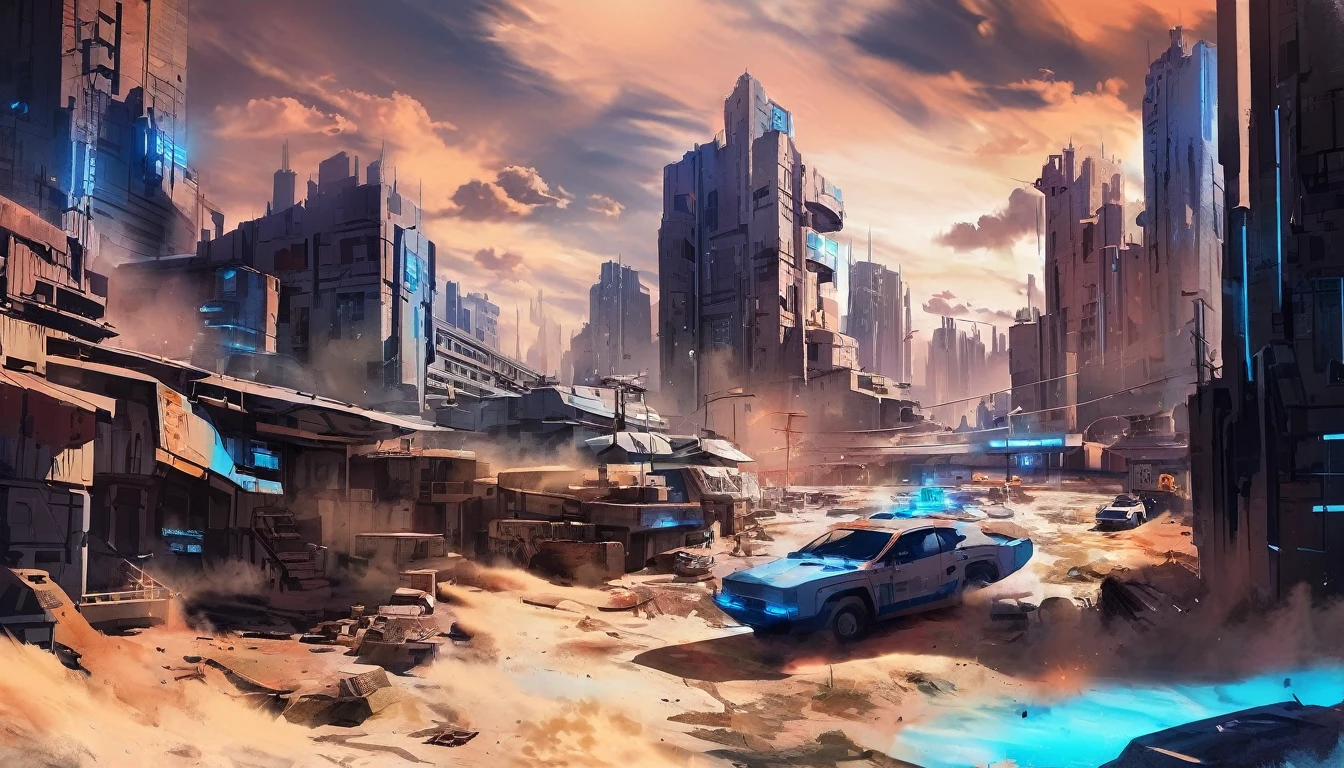 Scenery of a ruined cyberpunk city, derbis and clouds of dust everywhere, blue neon hue, watercolor style, sci-fi 