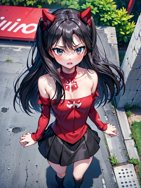 rin tohsaka, she is standing looking at the viewer playing with a lock of her hair, your face flushed very excited, fully body, ...