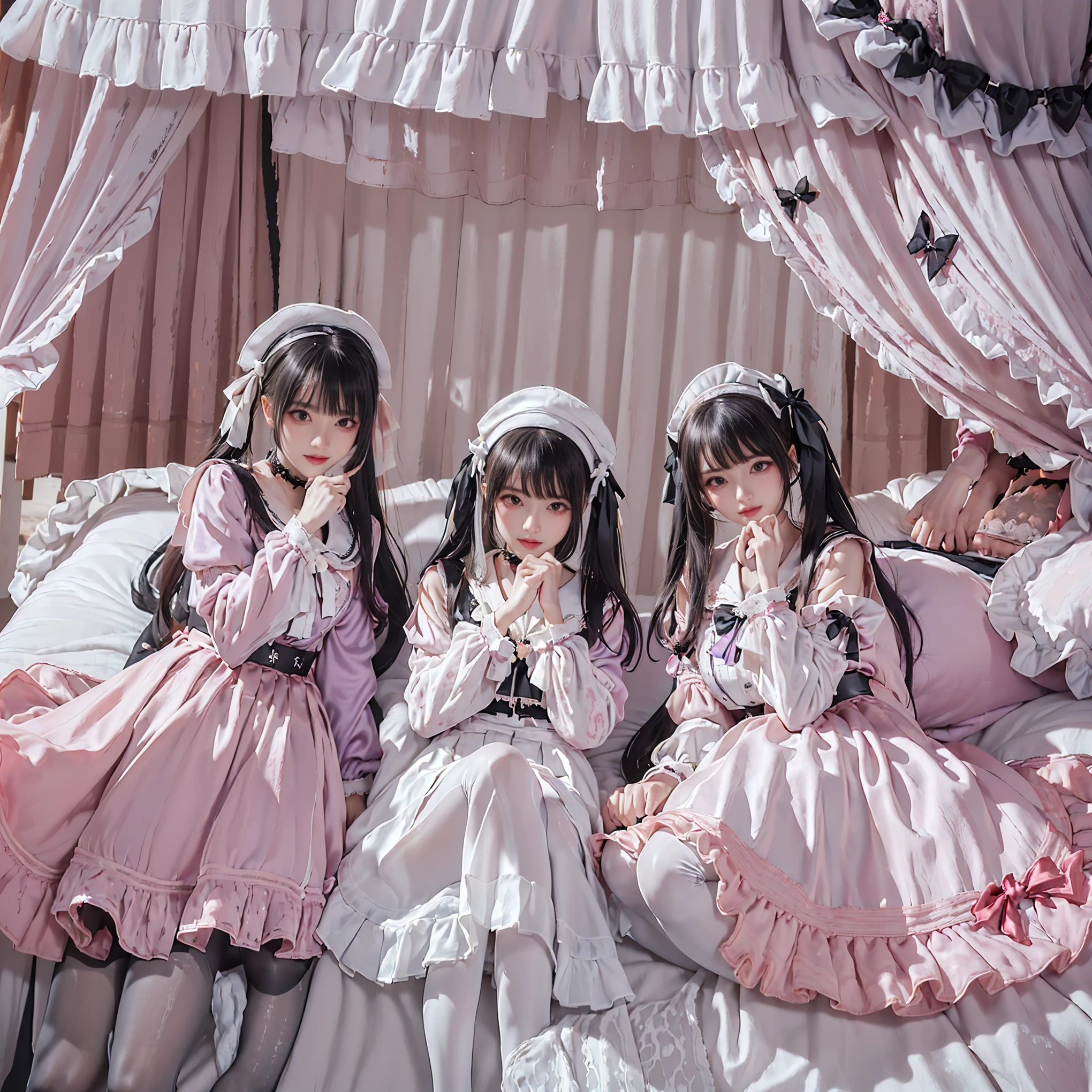 8K resolution, surreal, Super detailed, high quality, perfect anatomy, perfect proportion, 
((((((A group photo in bed room at midnight, satin luxurious bed, 3 girls, group photo)))))), 
(((((purple, wearing black face mask, jirai fashion, sailor collar, lingersuit, Lace, micro mini skirt, bow ribbon))))), 
((grin, happy, detailed face)), standing in lines, 
((((bleached hair))))+, (super large breasts),  
(((detailed oiled skin, detailed skin))), 
(((thin black see-through tights))), looking at viewer