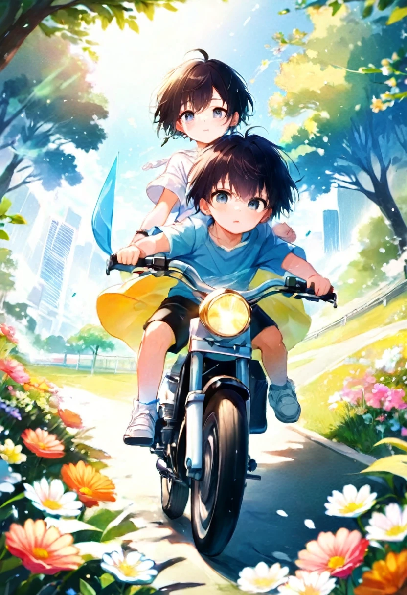 anime boy and girl riding a motorcycle in a park with flowers, from yowamushi pedal, anime cover, guweiz and makoto shinkai, anime style 4 k, makoto shinkai!!, makoto shinkai!, sakimichan and makoto shinkai, 4 k manga wallpaper, yusuke murata and makoto shinkai