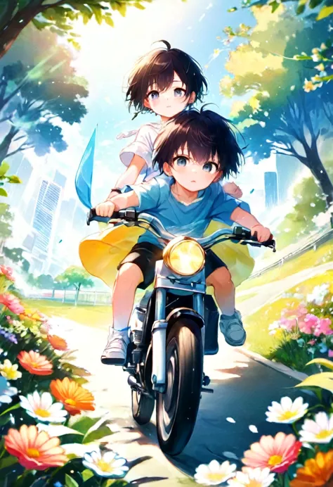 anime boy and girl riding a motorcycle in a park with flowers, from yowamushi pedal, anime cover, guweiz and makoto shinkai, ani...