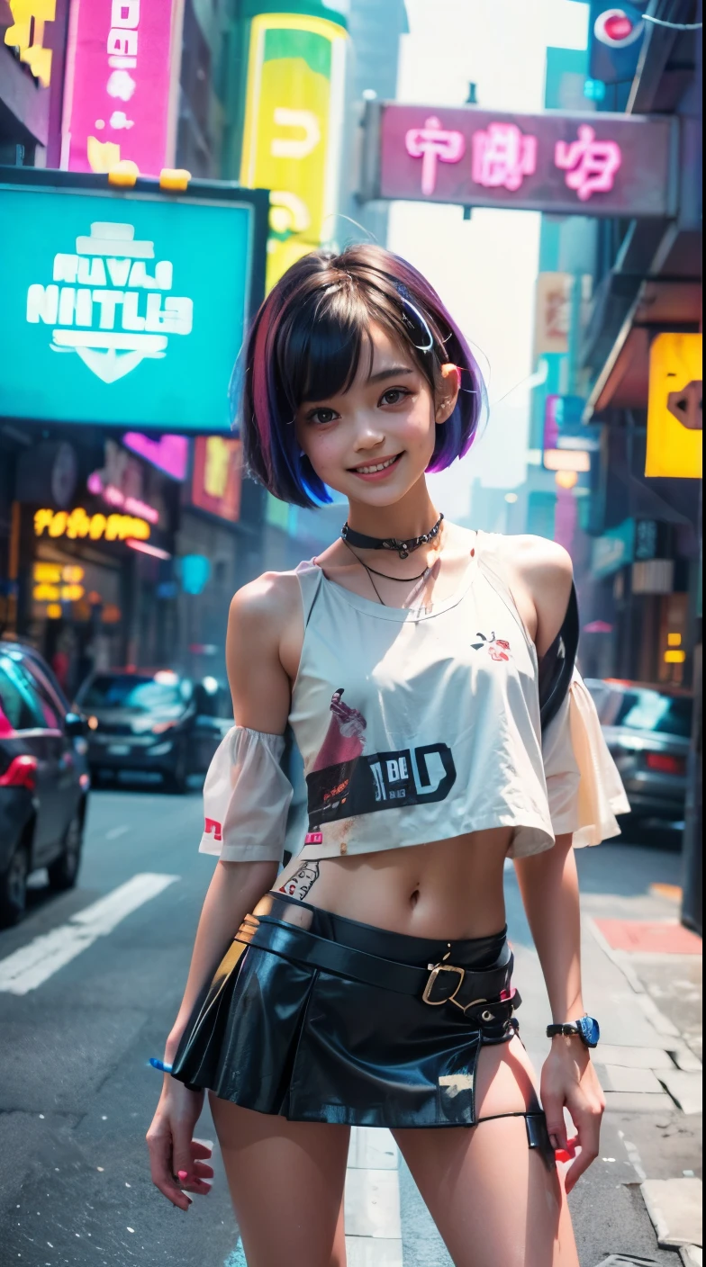 A colorful Bob cut haired punk canadian girl, smooth white skin, innocent look, 15 years old, Ultra high res, uhd, photorealistic, cyberpunk outfit, ripped shirt, wink, smiling ear to ear, neon lighting, crop top vest, wearing short skirt, colorful loose socks, full body shot, beautiful legs, fish eye lens, vogue pose, modelling, playful