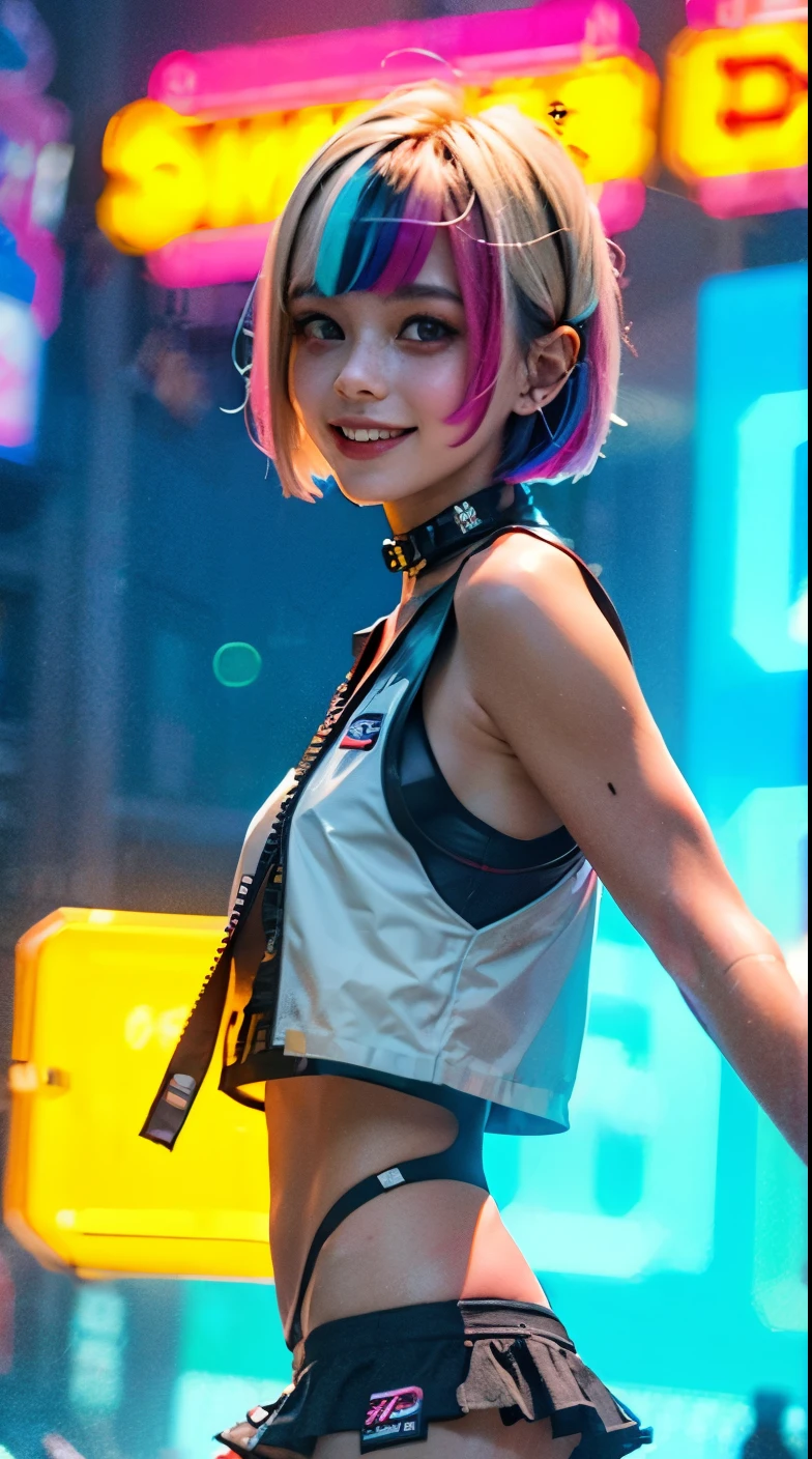 A colorful Bob cut haired punk canadian girl, smooth white skin, innocent look, 15 years old, Ultra high res, uhd, photorealistic, cyberpunk outfit, ripped shirt, wink, smiling ear to ear, neon lighting, crop top vest, wearing short skirt, colorful loose socks, full body shot, beautiful legs, fish eye lens, vogue pose, modeling, playful 