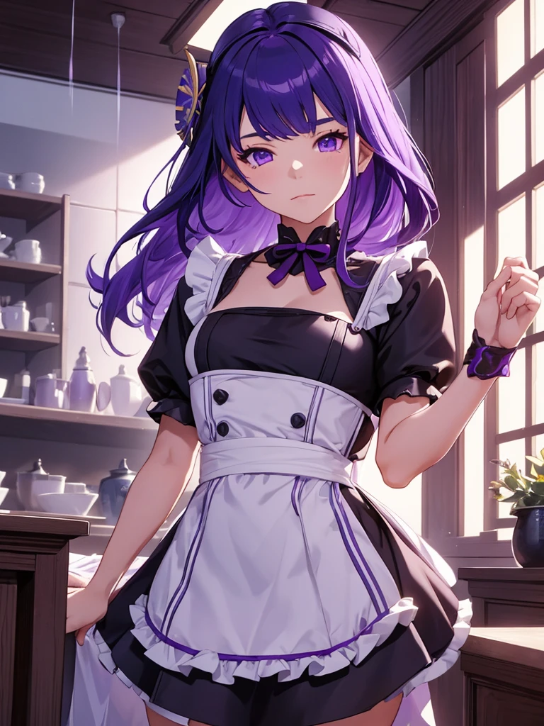 (Raiden shogun), 1girl, as a maid, wearing a maid outfit, at a home, purple colour hair, 8k, high detailed, high quality