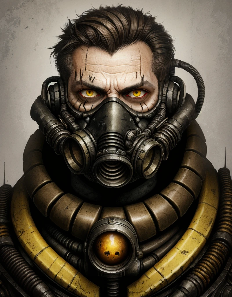 a male cyborg with mechanical head parts and wires, yellow eyes, black makeup, grunge background, man in gas mask looking at yellow magic ball, grunge background, dirty beige background, (best quality,4k,8k,highres,masterpiece:1.2),ultra-detailed,(realistic,photorealistic,photo-realistic:1.37),digital painting, artwork by AIDA_ColGruBioMec:1.3, AIDA_ColGruBioMec style